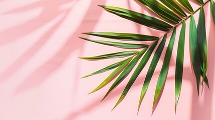Green palm leaf on pastel pink background Minimal summer or spring concept Pink aesthetic Flat lay copy space : Generative AI
