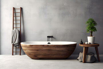Modern minimalist bathroom interior, white sink, wooden vanity, interior plants, bathroom accessories,  generated by AI. 3D illustration