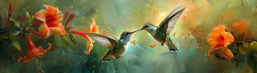 Hummingbirds sipping nectar from flowers - obrazy, fototapety, plakaty