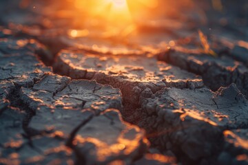 Sunset Glow on Cracked Dry Earth - obrazy, fototapety, plakaty