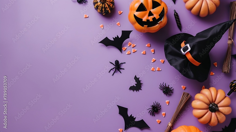 Wall mural happy halloween holiday concept halloween decorations pumpkins bats witch hats brooms on purple back