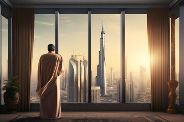 A luxurious Muslim man looks out the window against the backdrop of a modern city created by ai. 3D illustration