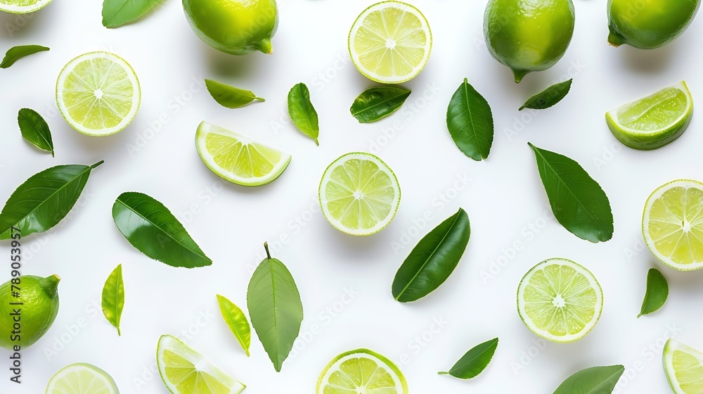 Poster Lime fruits with slices and green leaves isolated on white background Top view Flat lay : Generative AI