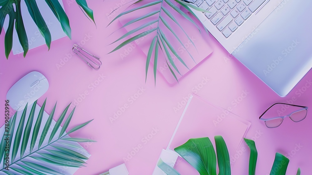 Aufkleber Home office workspace frame with laptop palm leaf and accessories Flat lay top view : Generative AI