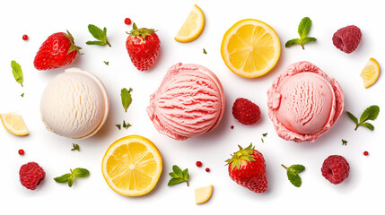 Strawberry, wild fruit and lemon ice cream scoops on white background