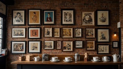 A boutique café's brick wall, embellished with local artists' paintings and vintage, framed coffee advertisements Generative AI - obrazy, fototapety, plakaty