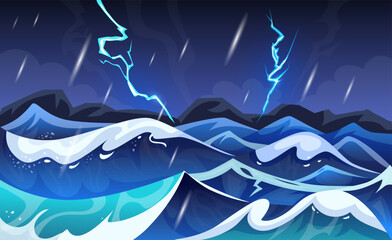 Lightning strike. Sea landscape. Ocean waves. Thunderbolt effect of hitting water. Electric attack. Sky flash. Thunderstorm seascape. Thunder light animation storm. Vector tidy game cartoon background