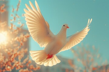 Illustration of white bird spreading wings and flying in the sky on beautiful background It represents the freedom that everyone desires, their hopes, dreams, and the spirit that yearns for freedom.