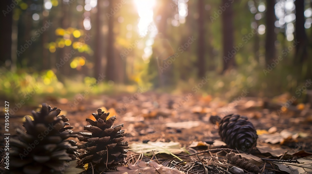 Aufkleber Forest path closeup with cones and roots Low point of view in nature landscape Blurred nature background copy space Park low focus depth Ecology environment : Generative AI