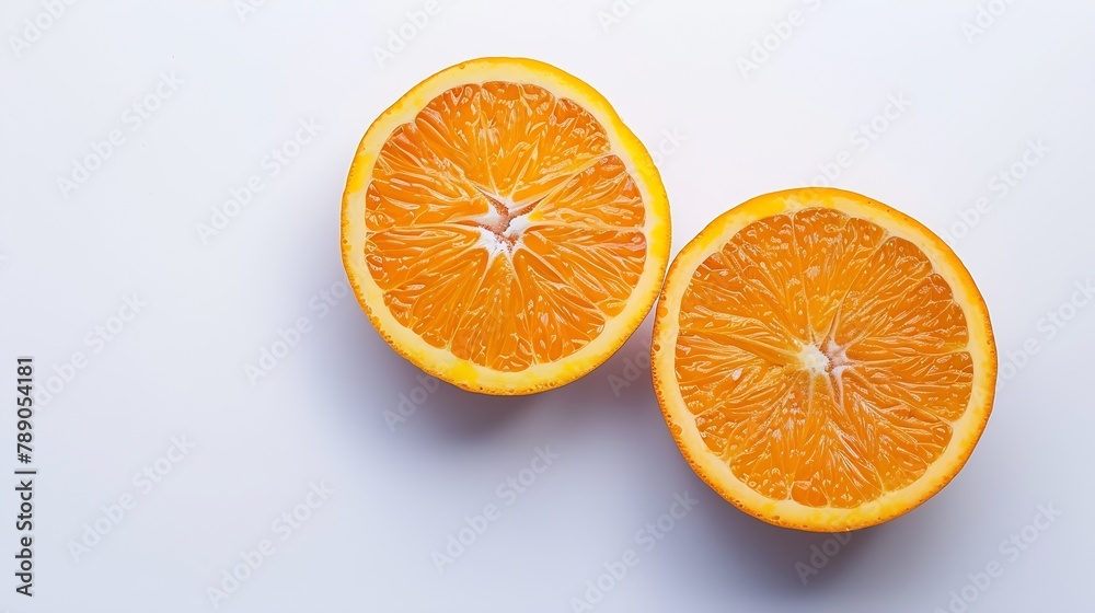 Poster flat lay of orange with cut in half isolated on white background : generative ai