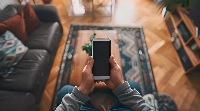 High angle view Close up man holding smartphone in the living room at a cozy home footage