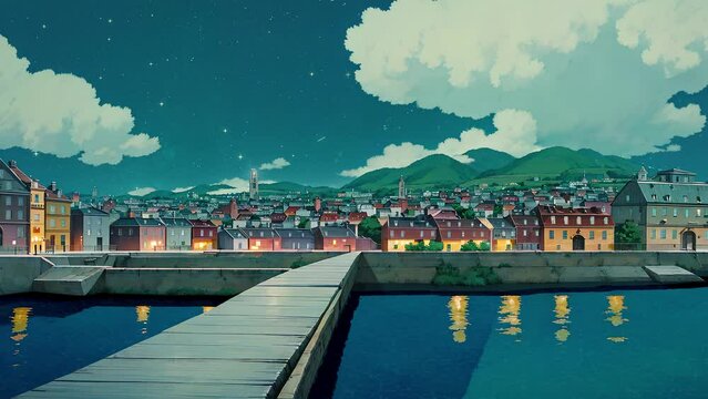 Lofi, a peaceful coastal town on a meteor shower night