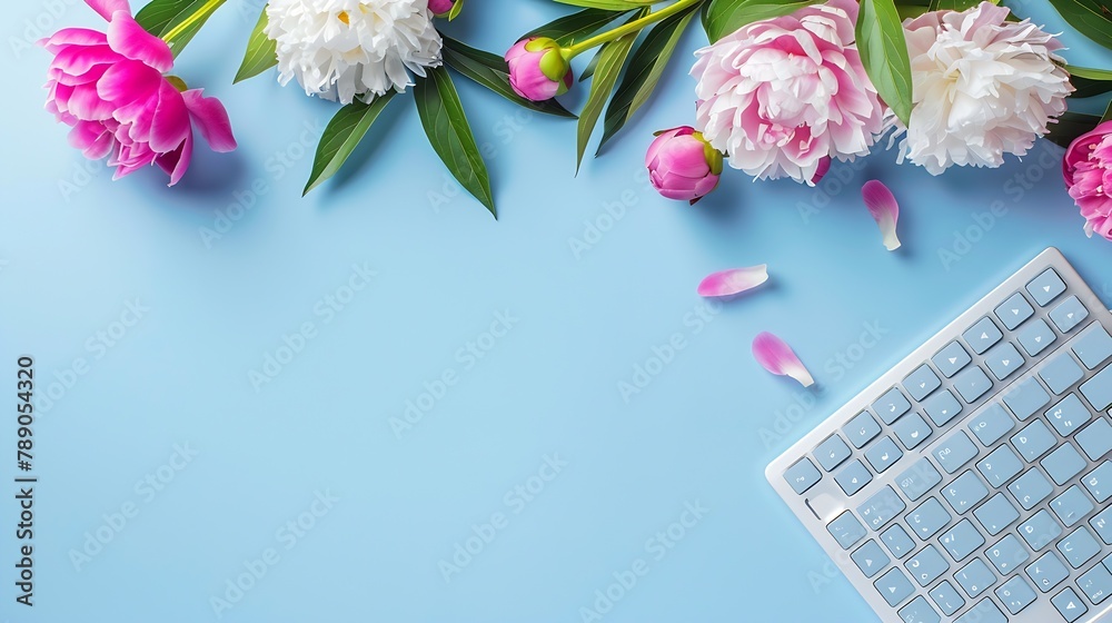 Poster Flat lay home office workspace background with white modern keyboard notebook and peony flowers copy space on blue background banner : Generative AI