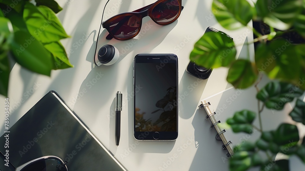 Poster flat lay photography with smart phone earphone notebook and pen camera sunglasses and garden tree : 