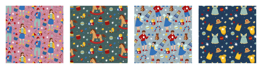 Toy baby, fashion texture. Background child pattern. Kindergarten cute decor. Children clothes. Horse wooden, bear, train. Doodle child preschool game. Wrapping paper and wallpaper. Vector tidy kids