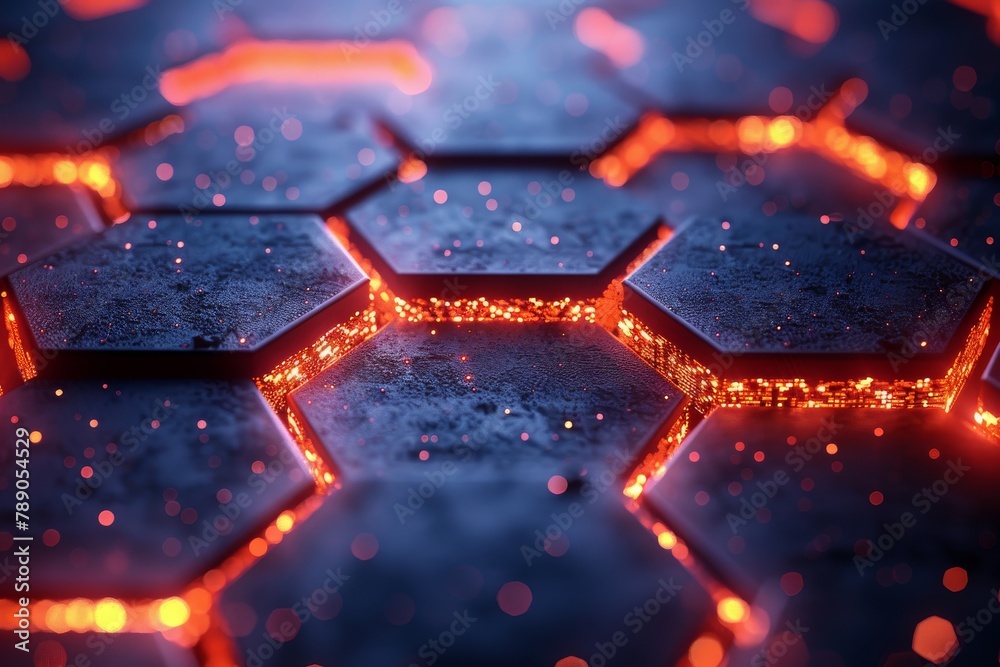 Poster close up of hexagonal geometric shapes with a depth of field and a neon glow symbolizing technology 