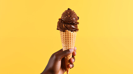 Hand holding chocolate ice cream cone on yellow background - obrazy, fototapety, plakaty