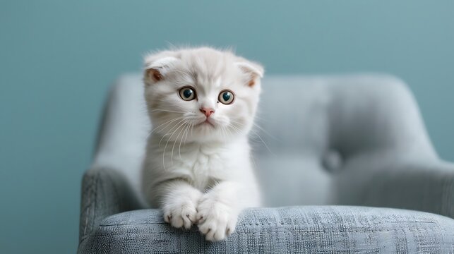 White fold Scottish breed kitten in a gray armchair carefully looks to the side studio photo on a blue background
