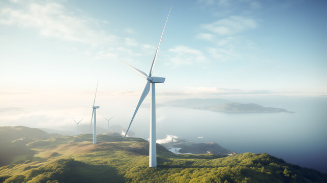 Wind turbines on the ocean. Clean energy, Renewal energy, Environmental concept