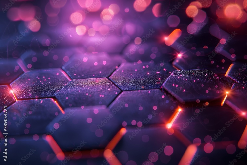 Poster a mesmerizing array of purple hexagons connected in a network representing concepts like the interne