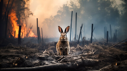 Rabbit on a background of burning forest. Danger of forest fires for wild animals, Environmental awareness and conservation efforts, Climate change