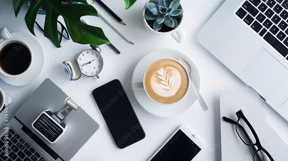 Poster White hipster office desk table with computer supplies smartphone cup of coffee and office things Top view with copy space flat lay : Generative AI