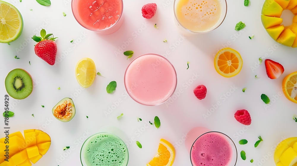 Poster Creative layout made of smoothies and fruits around Flat lay Food concept Smoothies on the white background : Generative AI