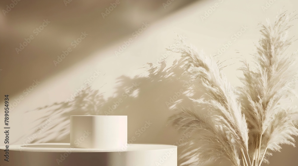 Poster Podium for cosmetic product presentation Abstract minimal geometrical form Cylinder podium with dry pampas grass soft shadow Scene to show products Showcase display case Flat lay top v : Generative AI