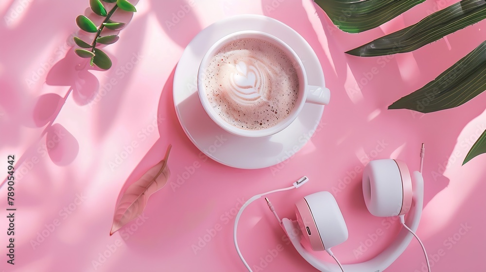 Aufkleber blogger pastel background with coffee cup headphones and botanical elements flat lay : generative ai