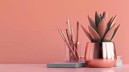 Office supplies in rose gold color with crassula houseplant : Generative AI