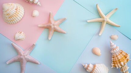 Fototapeta na wymiar Summer time concept Flat lay composition with beautiful starfish and sea shells on colored table top view : Generative AI