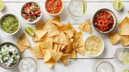An overhead shot captures a mouthwatering display of tortilla chips flavorful salsas and refreshing margaritas set against a pristine white wooden backdrop - obrazy, fototapety, plakaty