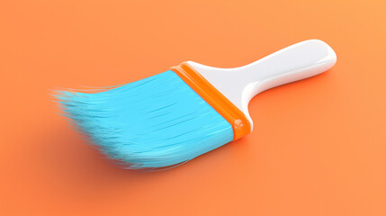 A blue and orange paintbrush is on a orange background. The brush is in the middle of a painting, and the brush is being used to paint the background. brush and colours, 3D icon simple digital