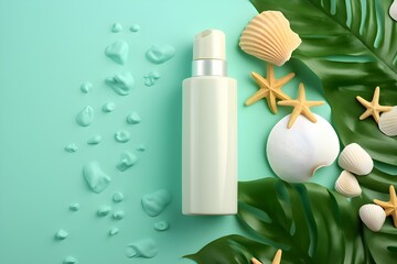flat composition of cosmetics, white jar with sea elements, created by AI. 3D illustration