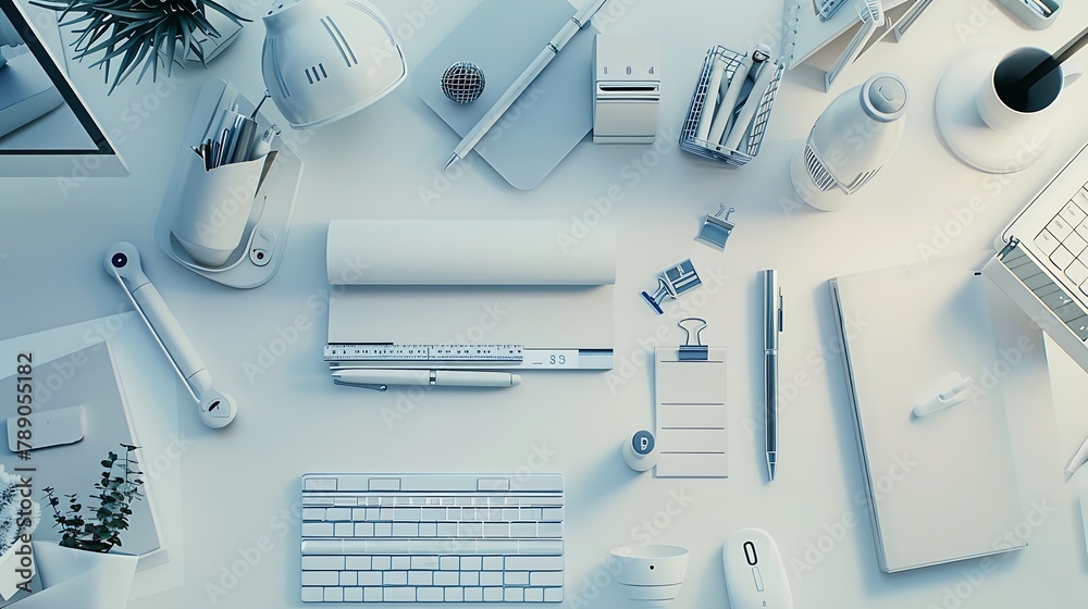Aufkleber top view of White office desk table with a lot of things on it : Generative AI