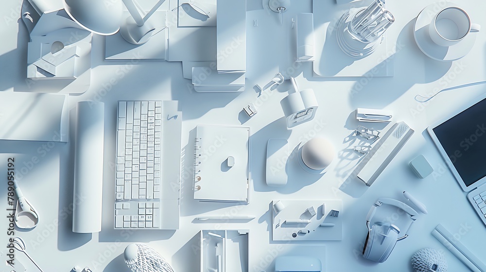 Aufkleber top view of White office desk table with a lot of things on it : Generative AI