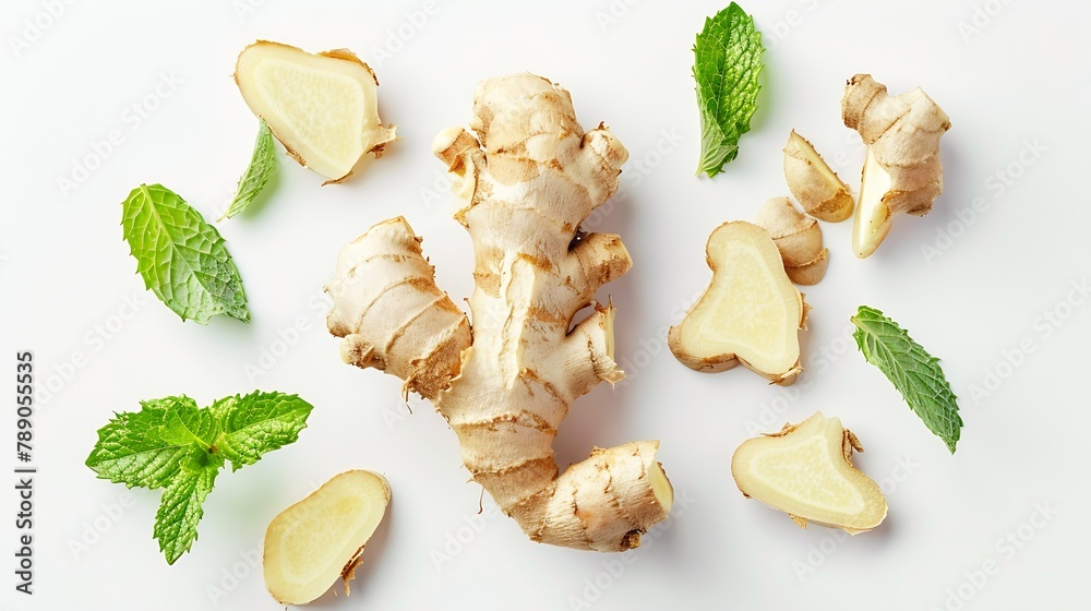 Poster Ginger root with sliced and mint leaf isolated on white background  top view  flat lay : Generative AI