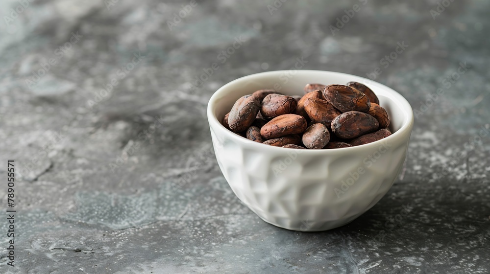 Poster Roasted cocoa beans in a white bowl On a gray stone background Side view : Generative AI