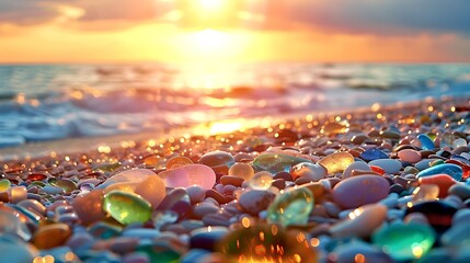 Serenity at Sunset: A Peaceful Beach with Colorful Pebbles and Gentle Waves. Ideal for Relaxation and Nature Themes. Perfect for Background or Wallpaper. AI