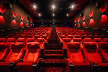 Empty movie theater with red seats .