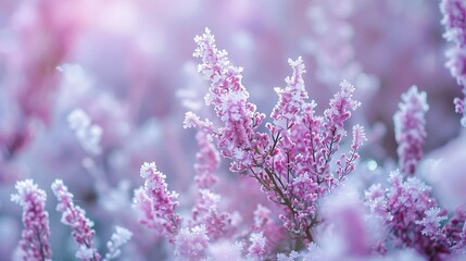 Heather frozen flowers in frost garden close up natural abstract background pink heather plant in rime outdoor autumn frosts cold weather elegant gentle artistic image : Generative AI