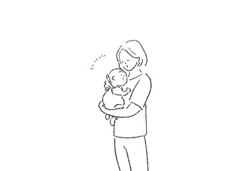 赤ちゃんを抱っこする女性、お母さん、線画