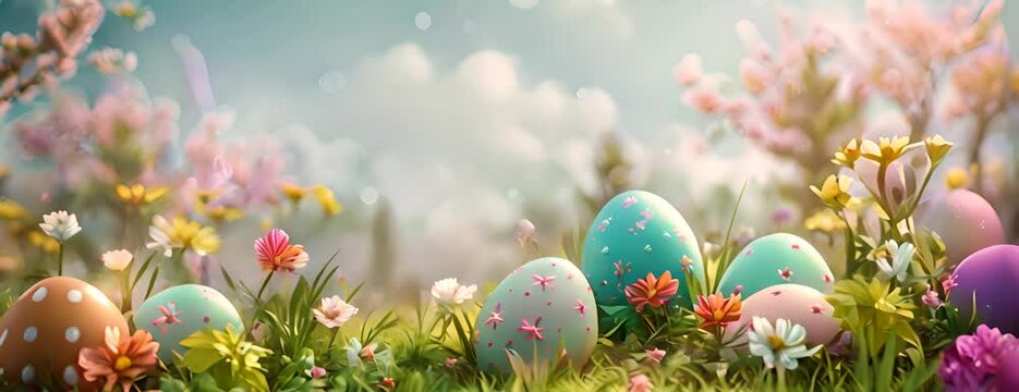Happy Easter background with message, frame and easter eggs scene.art illustration 4K Video