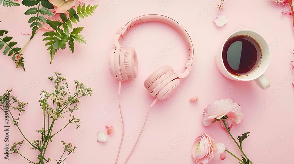 Aufkleber blogger pastel background with coffee cup headphones and botanical elements flat lay : generative ai