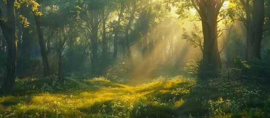 Forest bathed in sunlight in the early morning