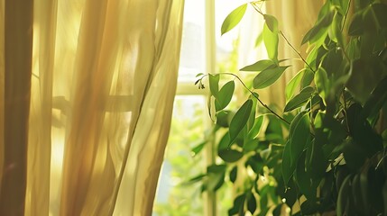 A close up view of a beautiful curtains and window inside a home Window corner at a home Green...