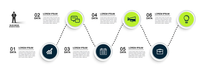 Infographics circle timeline with 6 number data template. Illustration abstract background.