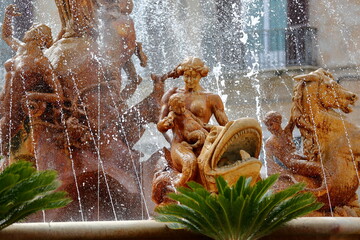 Close-up on details of Artemis fountain (or Diana fountain, dated from 1906) located on Piazza...