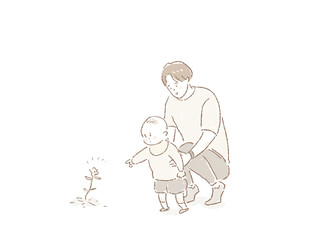 親子、小さい子供を後ろから支える若い男性（父親）