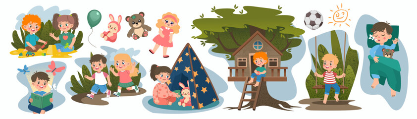 Kids fun. Imagine adventure fantasy. Children read book. Boy playing in treehouse or teepee. Dream world. Childish hobby. Happy girl at swings. Cartoon games. Vector little characters activities set